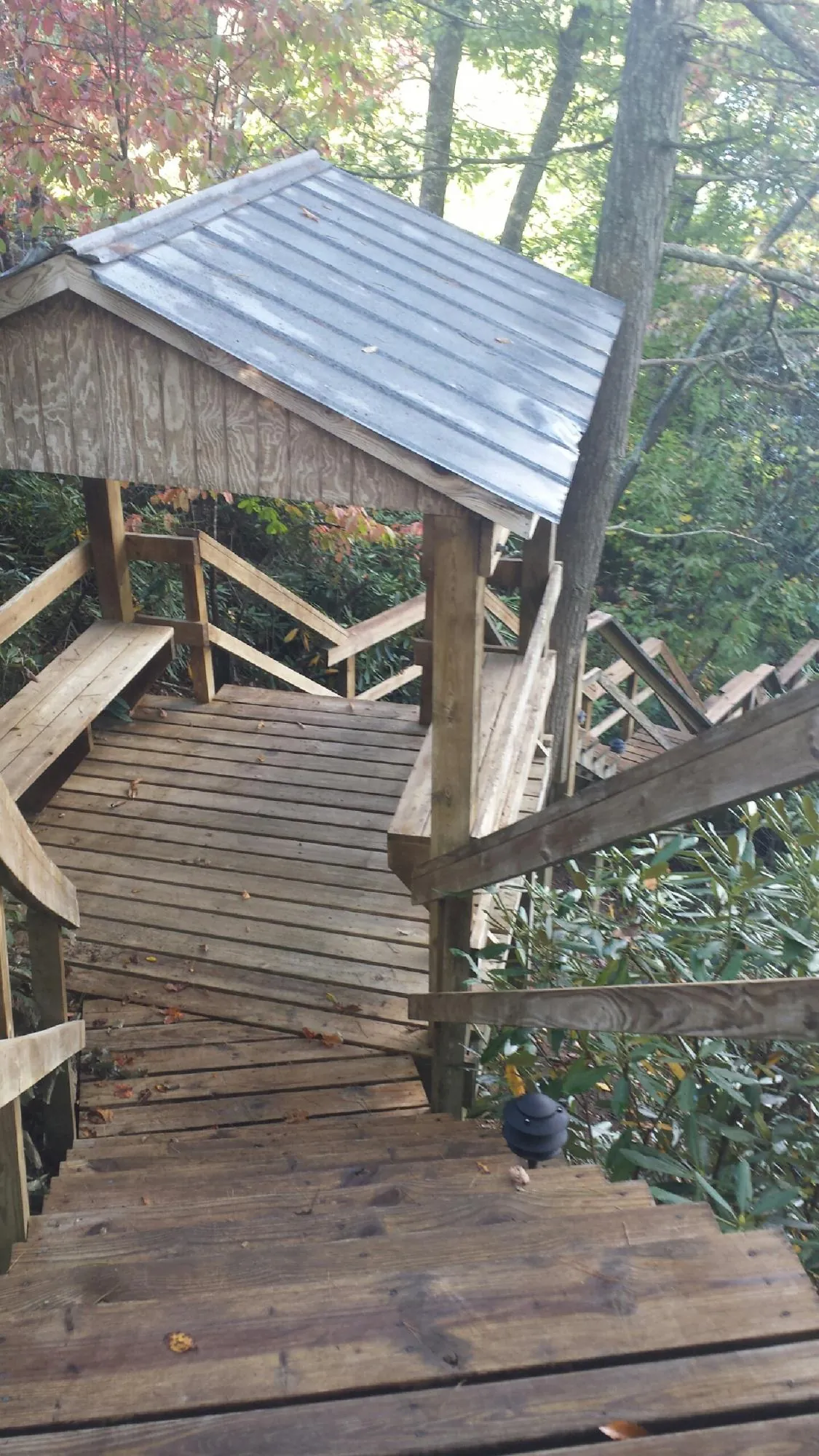 Metal roofed shelter over wooden steps on a wooded walkway — Skylight Repair & Installation work by our crew in Castro Valley